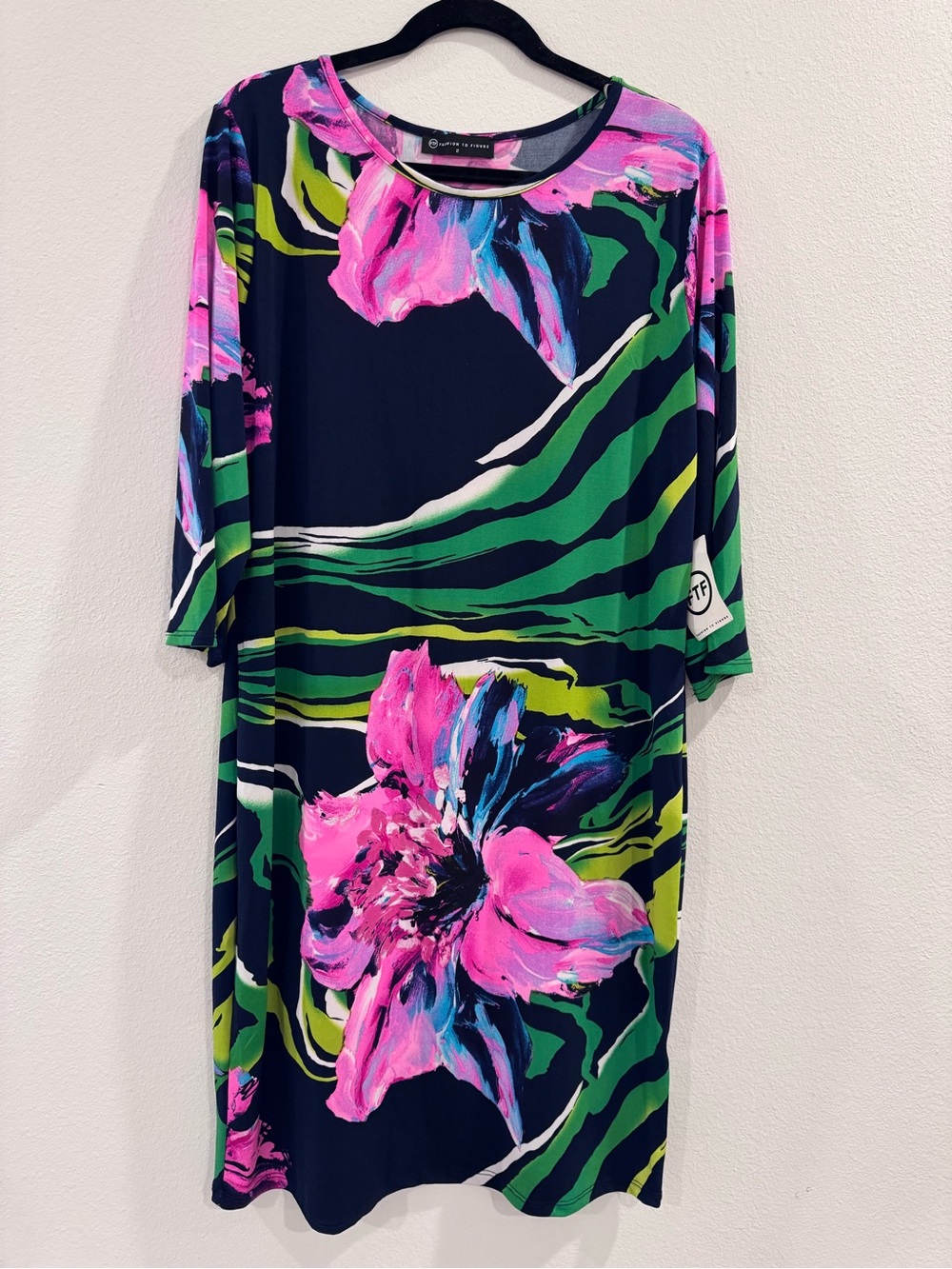 NWT Fashion to Figure Navy Midi Dress with Pink & Green Floral Print